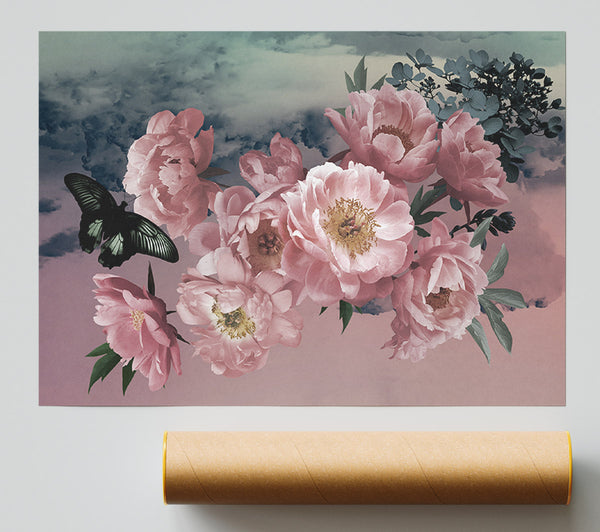 Cloudy Butterfly Flowers Poster