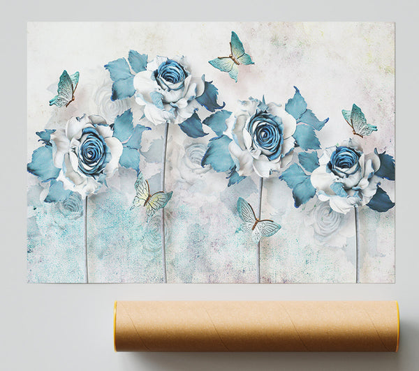 Teal Roses And Butterflies Giclee Print