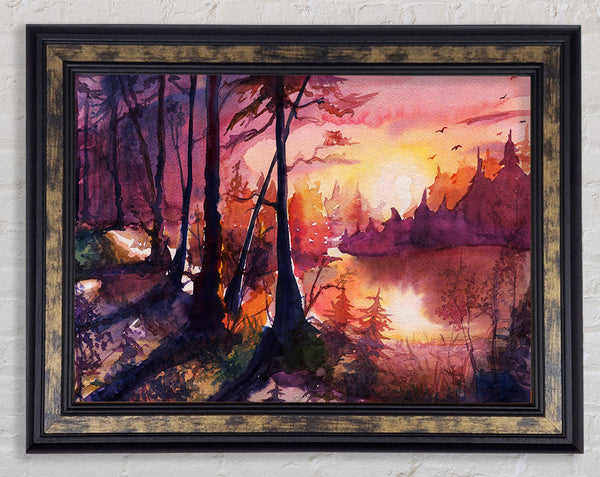 Vibrant Orange Sun In The Forest Framed Print