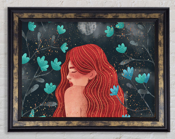 Red Haired Girl Flowers Framed Print