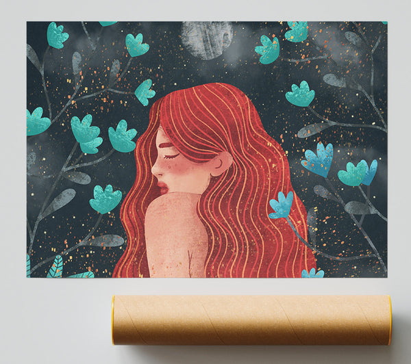 Red Haired Girl Flowers Print