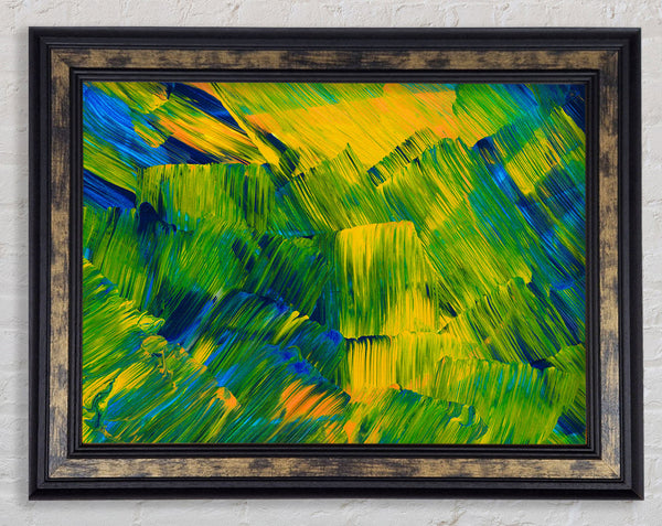 Green On Yellow Flat Brush Trokes Framed Print