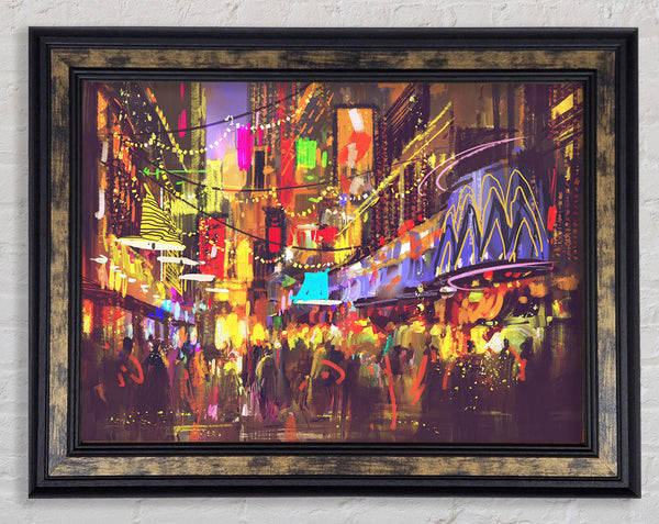 Busy Shops At Night Framed Print