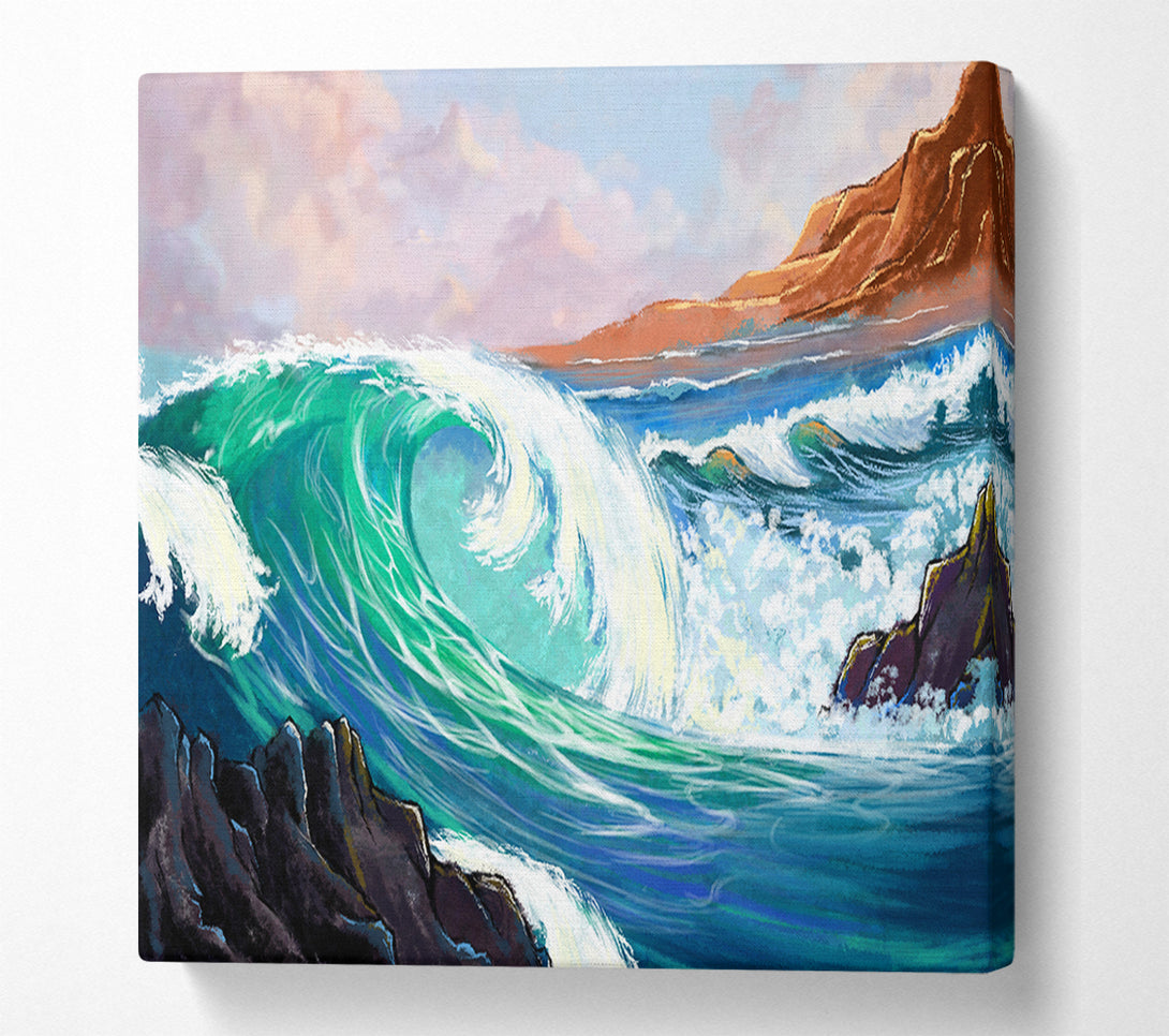  A Canvas Print of Waves Crashing On The Cliff Rocks Canvas Print
