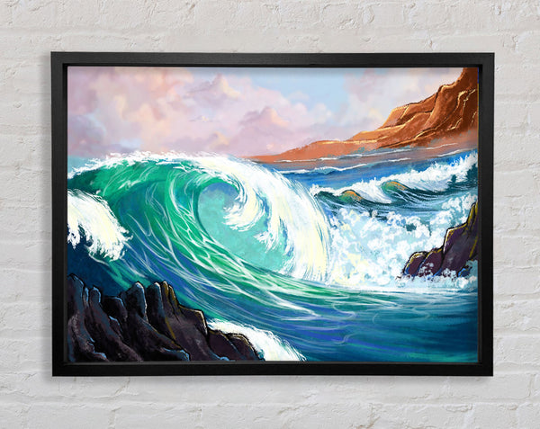 Waves Crashing On The Cliff Rocks Framed Print