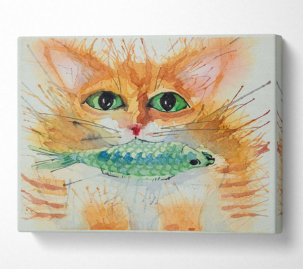 Watercolour Cat With Fish
