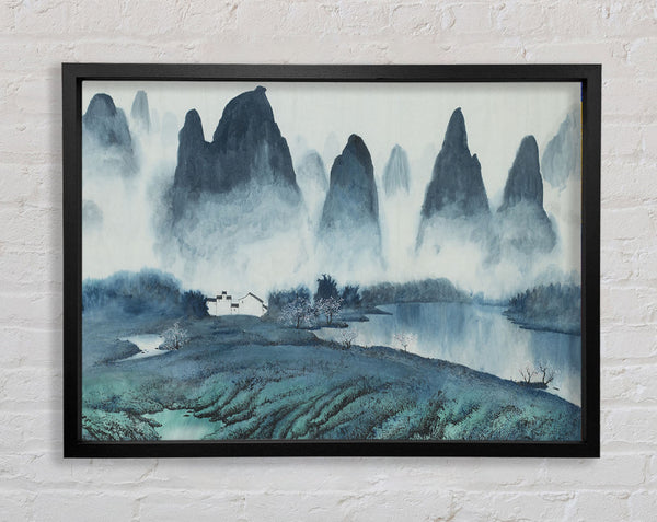 Tall Rock Mountain Mist Framed Print