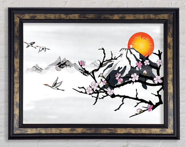 Branches In The Japanese Sunrise Framed Print