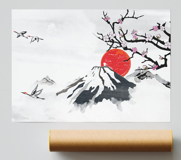 Red Japanese Sunset Branch Print