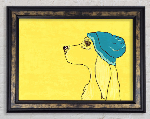 Yellow Dog With Blue Hat Framed Print