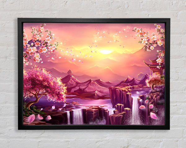 Wunderschöner Wasserfall mit rosa Blüten