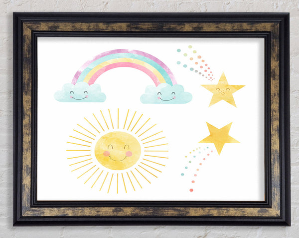 Happy Rainbow And Clouds Framed Print