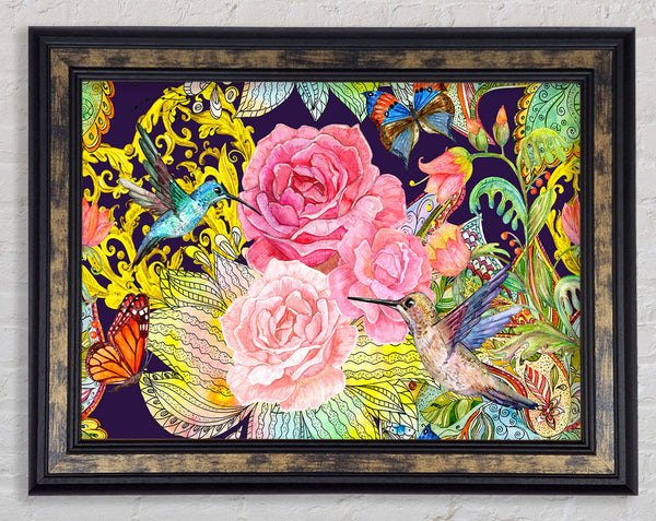 Hummingbird Flowers Dark Framed Print