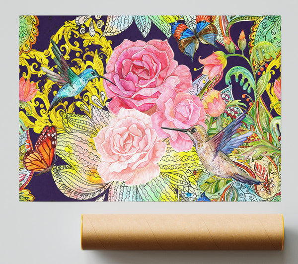 Hummingbird Flowers Dark Print