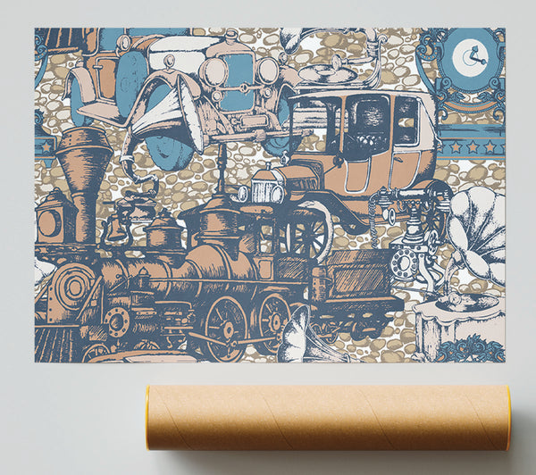 Old Train And Cars Poster