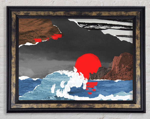 Cut Out Mountain Ocean Red Sun Framed Print