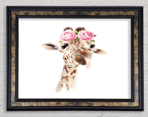Roses On A Giraffe's Head Framed Print