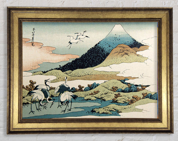 Cranes Below The Mountains Framed Print
