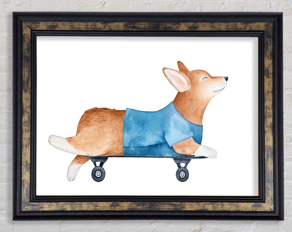Corgi On A Skateboard Framed Print