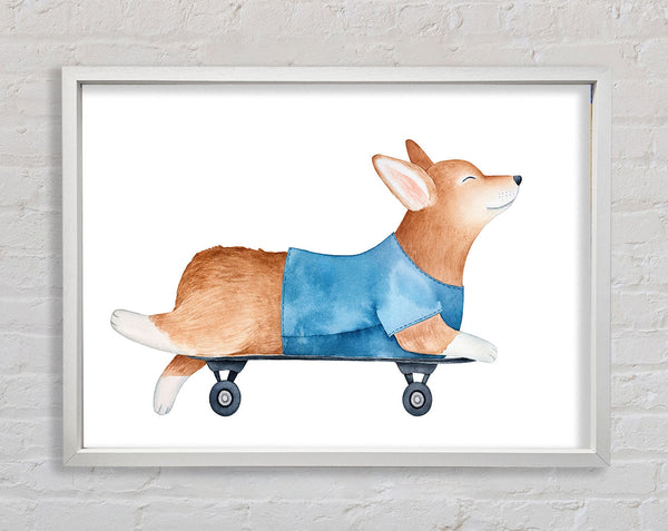 Corgi auf einem Skateboard
