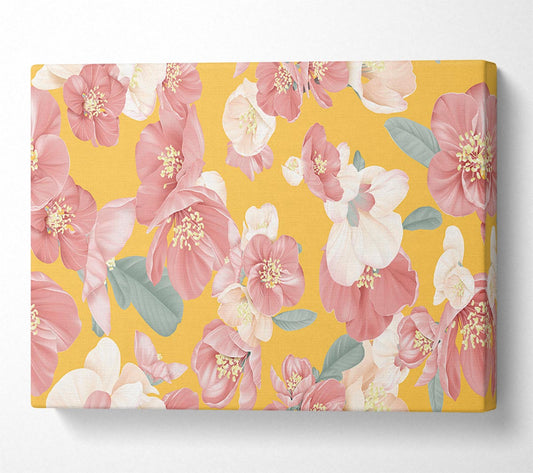 Pink Flowers On Orange Canvas Wall Art