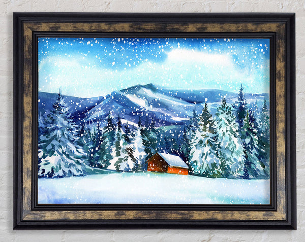 Snowy Cabin In The Mountains Framed Print