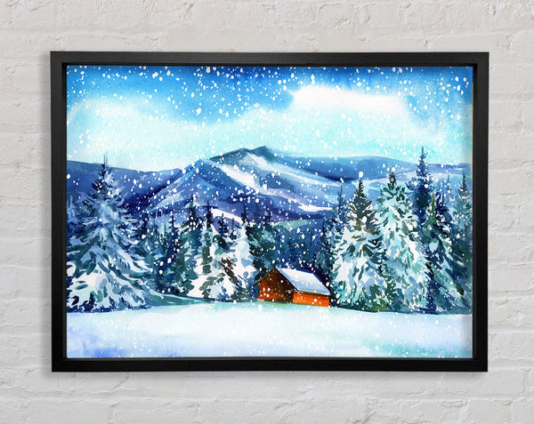 Snowy Cabin In The Mountains Framed Print