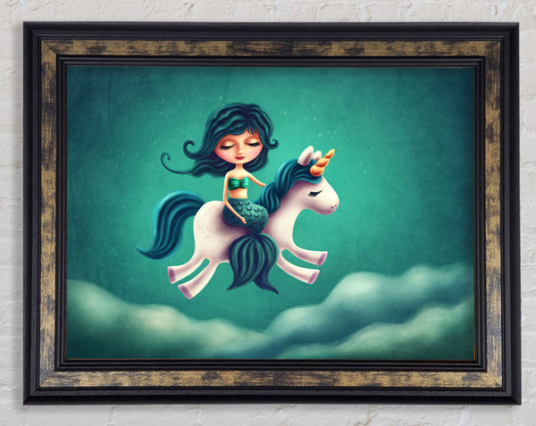 Mermaid Riding A Unicorn Framed Print