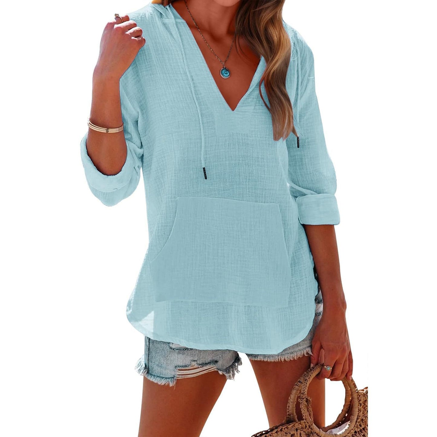V-neck Hooded Shirt With Pockets Fashion Sports Long-sleeved Split Shirts Tops For Women Clothing