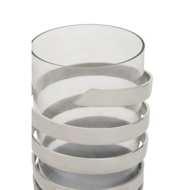 Amreli Small Vertical Textured Silver Metal Hurricane Candle Holder.