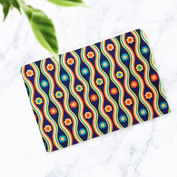 Navy Blue Retro Floral Make Up bag