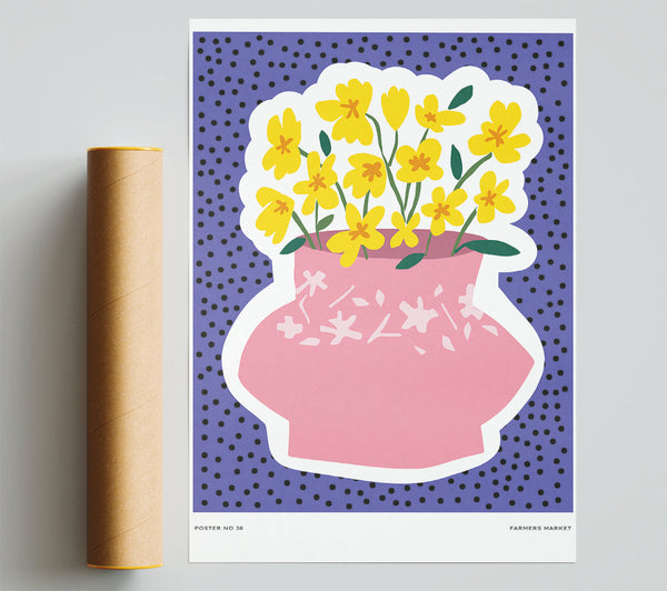 Pink Flower Vase Yellow Flowers Print