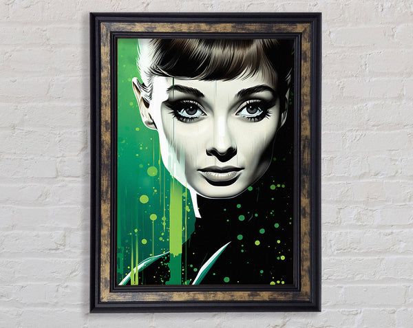 Audrey Hepburn Green Paint Splodge Framed Print