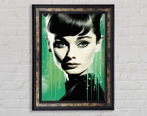 Audrey Hepburn Green Sparkle Framed Print