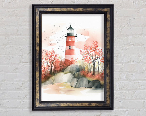 Autumn Lighthouse Watercolour Framed Print