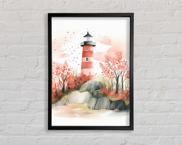 Autumn Lighthouse Watercolour Framed Print
