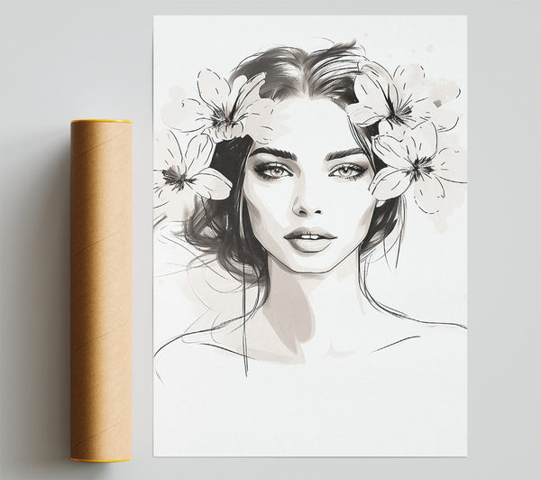 Beauty Woman Flowers Sketch Line Art Giclee Print