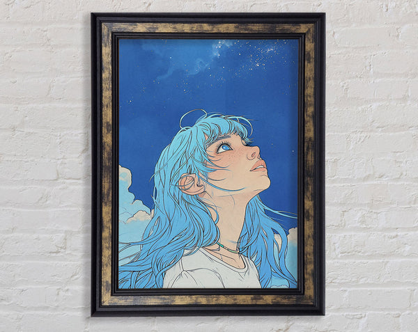 Blue Hair Girl Sky Dreams Framed Print