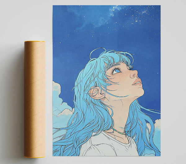 Blue Hair Girl Sky Dreams Print