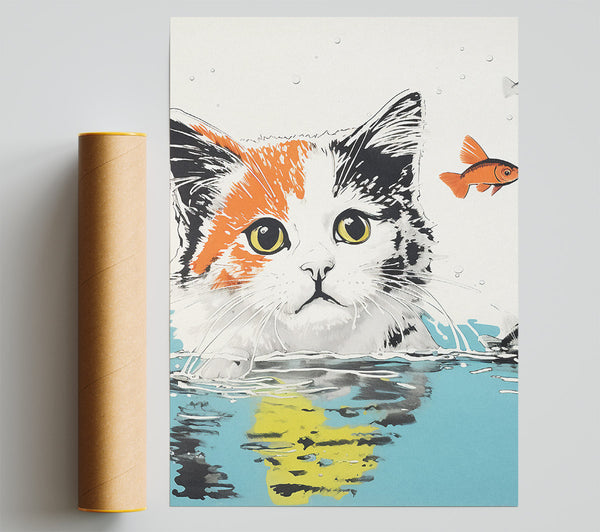 Cat And Gold Fish Print
