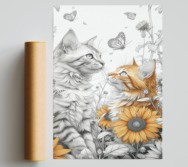 Cats Sunflowers Butterflies Giclee Print
