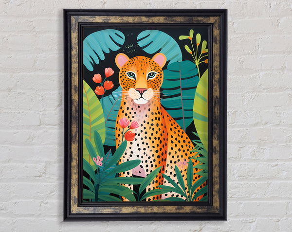Cheetah Exotic Jungle Leaves Framed Print