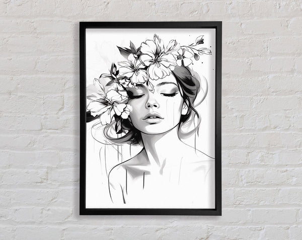 Closed Eyes Flower Hair Woman Framed Print