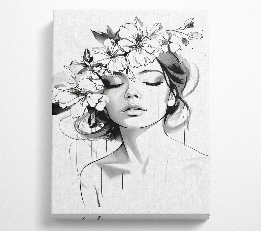  A Canvas Print of Closed Eyes Flower Hair Woman Canvas Print