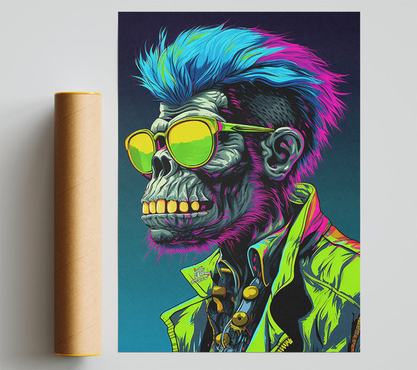 Cyberpunk Neon Chimp Print