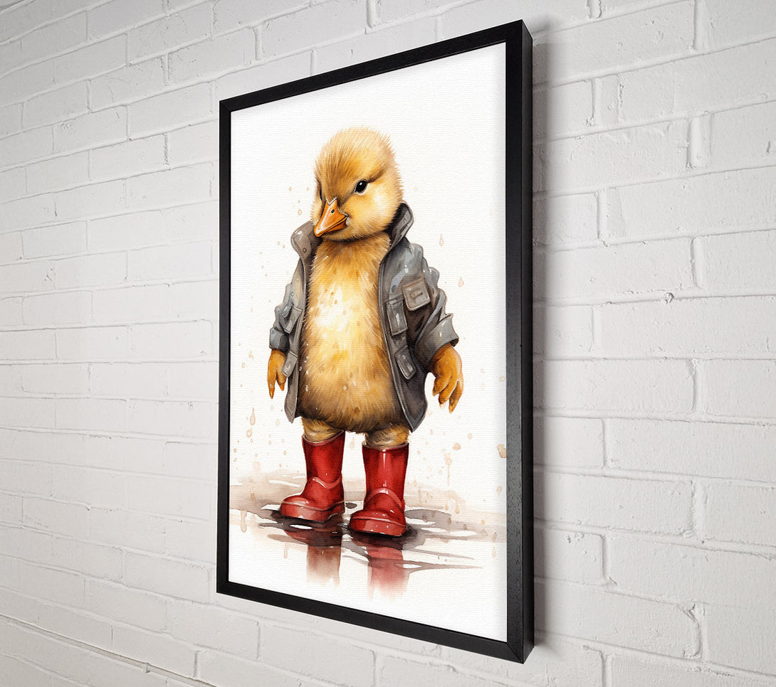  A Canvas Print of Duckling In Wellington Boots And Raincoat Canvas Print