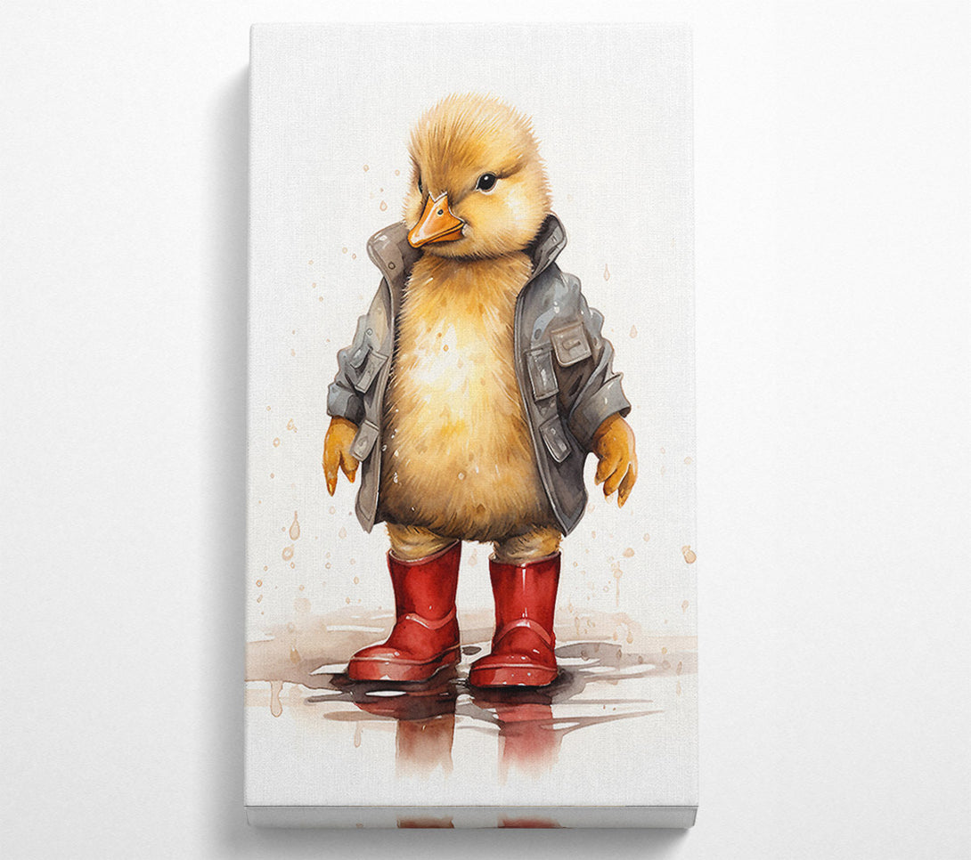  A Canvas Print of Duckling In Wellington Boots And Raincoat Canvas Print