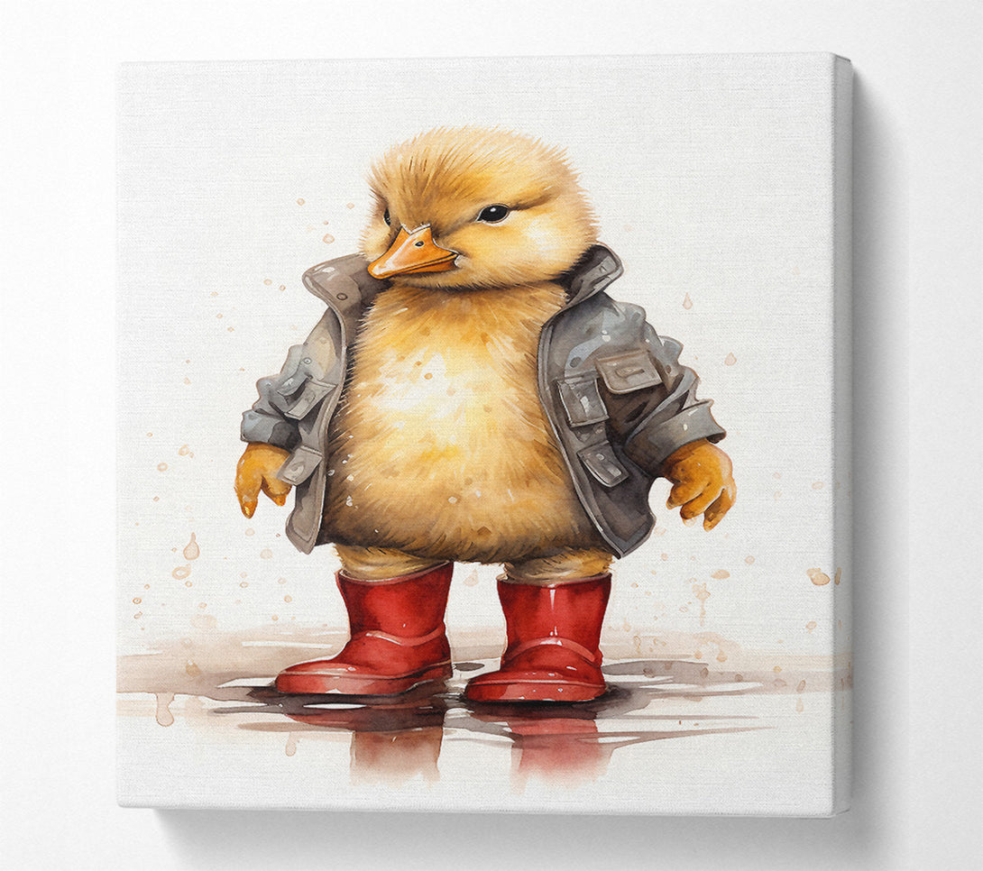  A Canvas Print of Duckling In Wellington Boots And Raincoat Canvas Print