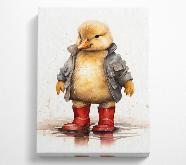  A Canvas Print of Duckling In Wellington Boots And Raincoat Canvas Print