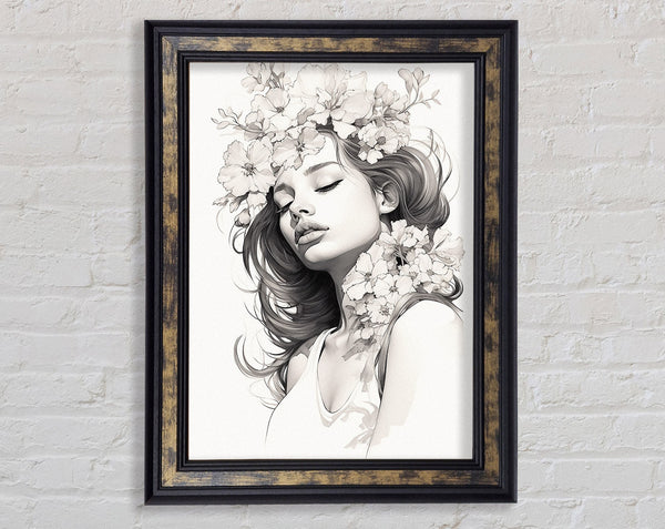 Elegant Woman Flowers Sketch Framed Print